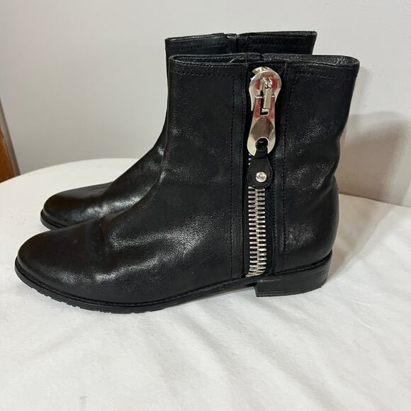 Stuart Weitzman Winzipper Boots Black Leather Silver Side Zip Ankle Career 8M - Picture 3 of 8